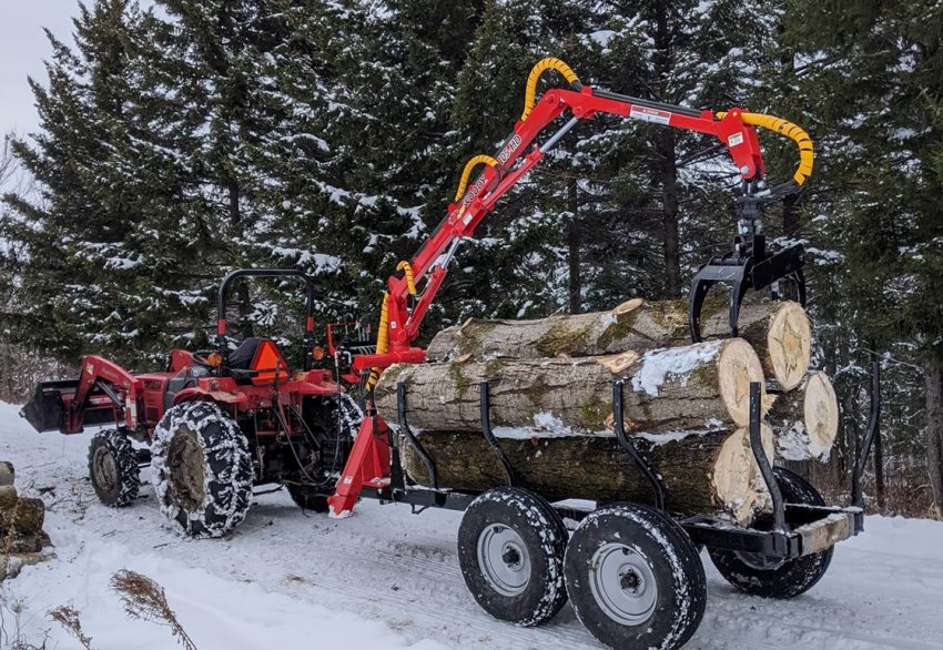 Woody Equipment 8' 9'' Forestry Trailer Model 9-58 HV with Gooseneck Log Loader Model 105 HD | Pull Type | For Compact Tractors | 20 HP - 40HP