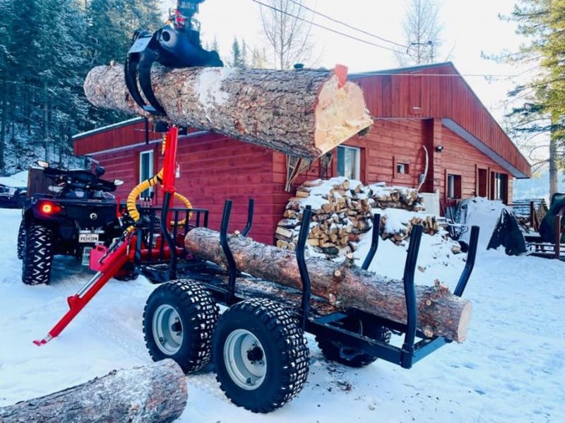 Woody Equipment 8' Forestry Trailer Model 8-52 with Gooseneck Log Loader Model 90 HD & 90 HD Plus | Included hydraulic Axle &  Grapple 28'' Hardox | Pull Type | For ATV / QUAD