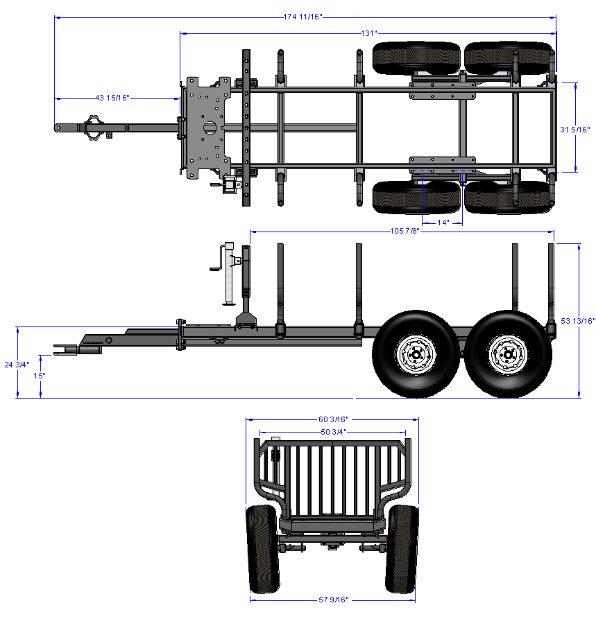 Woody Equipment 8' 9'' Forestry Trailer Model 9-58 HV with Gooseneck Log Loader Model 105 HD | Pull Type | For Compact Tractors | 20 HP - 40HP