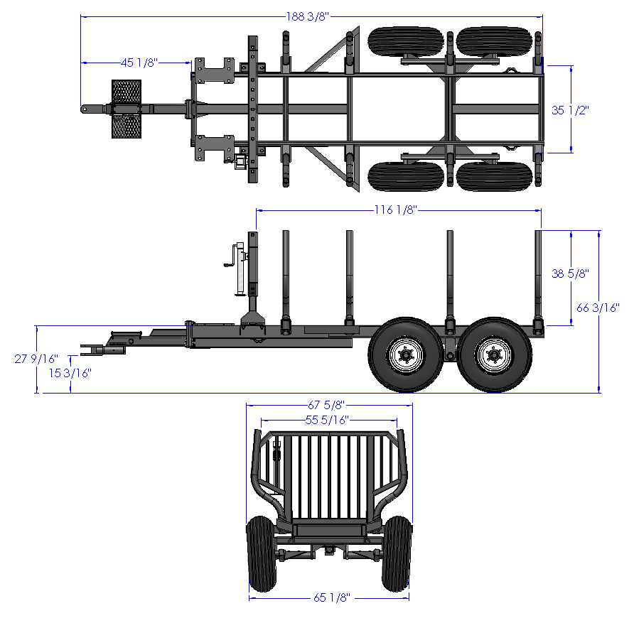 Woody Equipment 9' 9'' Forestry Trailer Model 10-66 HV with Gooseneck Log Loader Model 115 HD | Pull Type | For Tractors